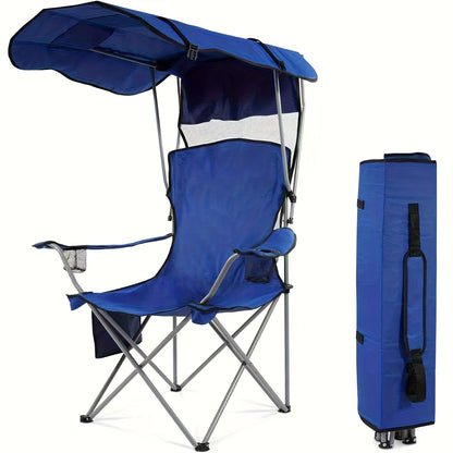 Folding Camping Chair with Optional Sunshade Canopy, Cup Holders, Carry Bag and Black, Red or Blue Configurations