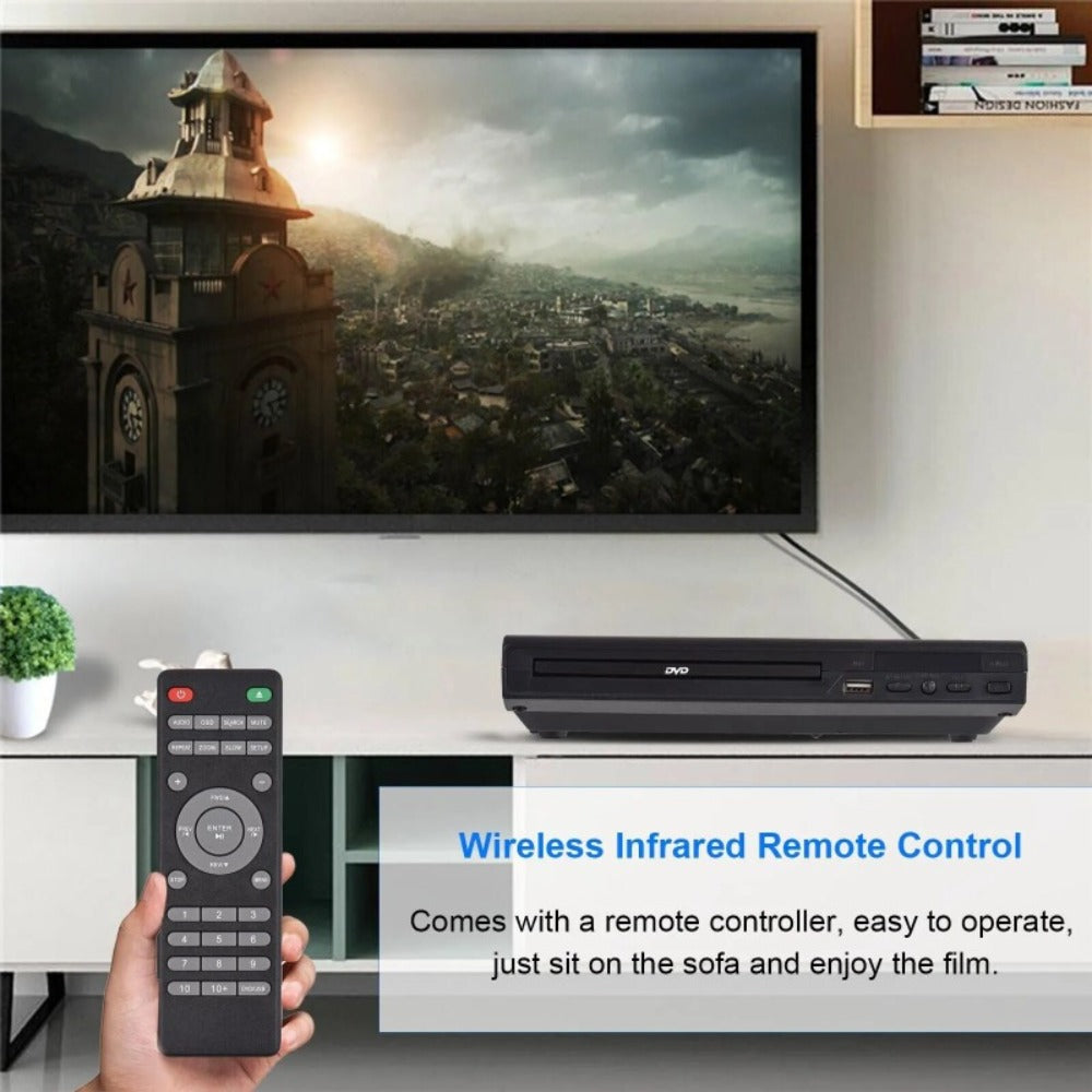 Compact Black DVD Player with USB Port, AV and Coaxial Outputs, Remote Control and RCA Cable for Older TVs