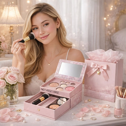 All-in-One Baked Makeup Palette Set 3pcs for Women, 7-Color Face Powder Blush Eyeshadow Trio & Concealer Brush