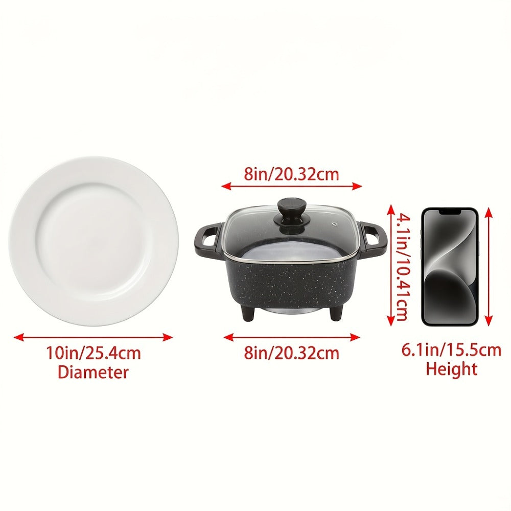 Electric Mini Square Hot Pot 8-Inch Non-Stick Speckled Coating Glass Lid Cool-Touch Handle for Home Cooking, Dining and Outdoor Meals