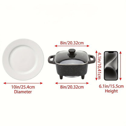 Electric Mini Square Hot Pot 8-Inch Non-Stick Speckled Coating Glass Lid Cool-Touch Handle for Home Cooking, Dining and Outdoor Meals