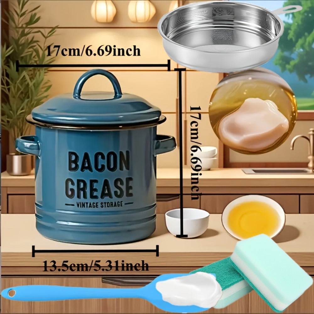 Bacon Grease Container with Lid, Large Grease Storage Can with Heat-Resistant Filter, Silicone Spatula & Cleaning Sponge Set