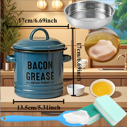Bacon Grease Container with Lid, Large Grease Storage Can with Heat-Resistant Filter, Silicone Spatula & Cleaning Sponge Set