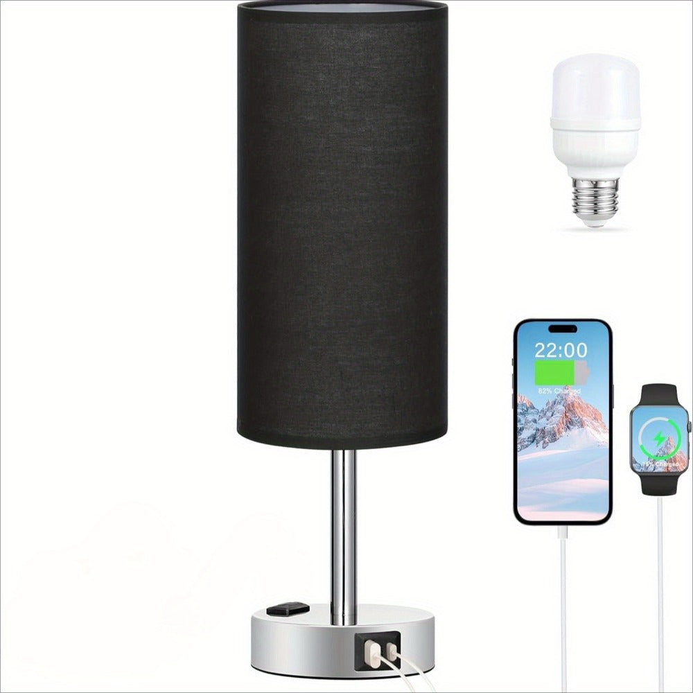 Table Lamp HOODINK with Cylindrical Shade, 3-Way Touch Dimming, USB-A, USB-C, AC Outlet and One or Two-Pack Options