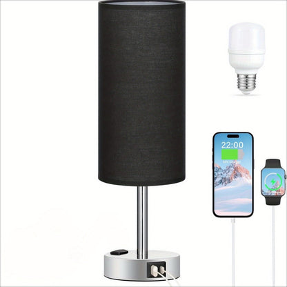 Table Lamp HOODINK with Cylindrical Shade, 3-Way Touch Dimming, USB-A, USB-C, AC Outlet and One or Two-Pack Options