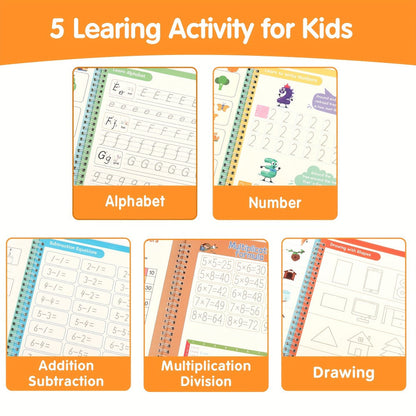 Magic Grooved Handwriting Practice Book for Kids Ages 3-8 – Reusable 5-in-1 Tracing Workbook for Letters Numbers Drawing Math