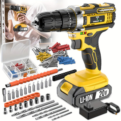 20V Cordless Drill Set Impact Power Drill 3/8 Inch Keyless Chuck 18+3 Clutch 45Nm Max Torque for Entryways, Bedrooms and Living Spaces