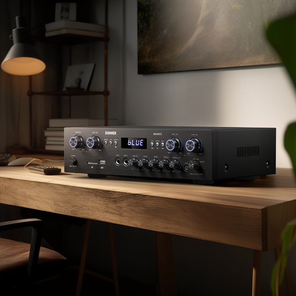 Donner 4-Channel Home Stereo Receiver Amplifier with USB SD FM Radio, Dual Mic Input Echo, RCA