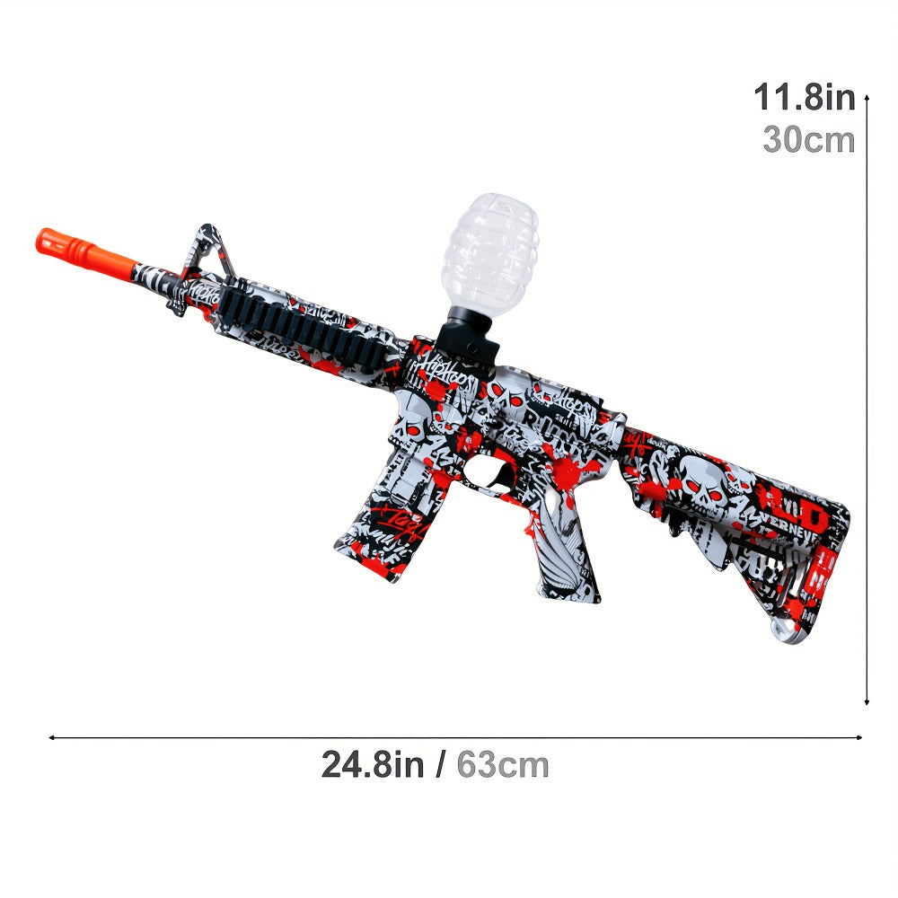 Red-White-and-Black Rifle-Style Electric Gel Blaster Set with Hopper, Stock, Barrel, Goggles and USB Cable