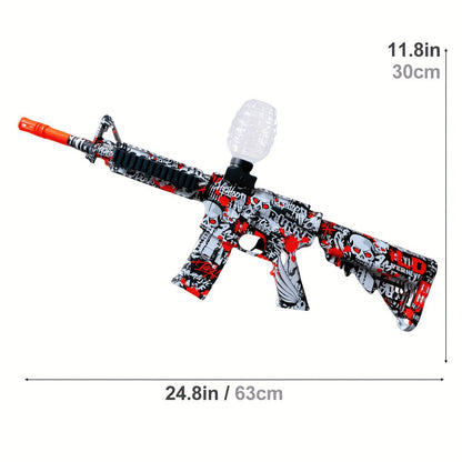 Red-White-and-Black Rifle-Style Electric Gel Blaster Set with Hopper, Stock, Barrel, Goggles and USB Cable