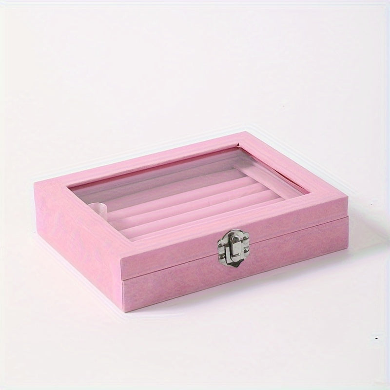 Jewelry Box with Locking Lid – 49-Ring Capacity Glass-Like Plastic Ring & Earring Organizer, Large Rectangular Storage Case