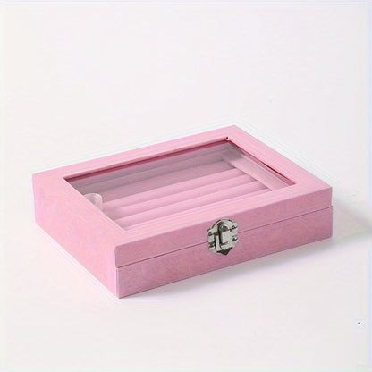 Jewelry Box with Locking Lid – 49-Ring Capacity Glass-Like Plastic Ring & Earring Organizer, Large Rectangular Storage Case