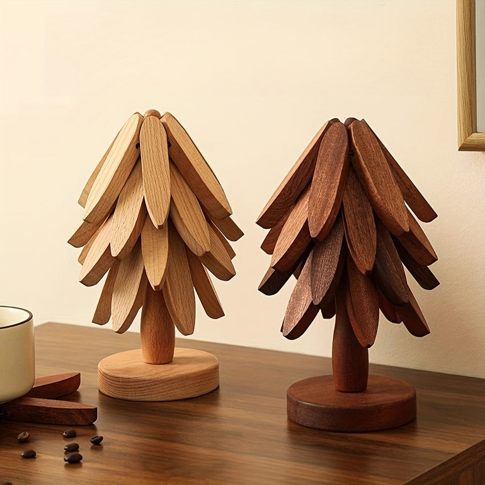 Solid Wood Trivet Mat Set 6pcs with Storage Rack, Heat-Resistant Tree-Shaped Coasters for Home Cooking, Dining and Outdoor Meals