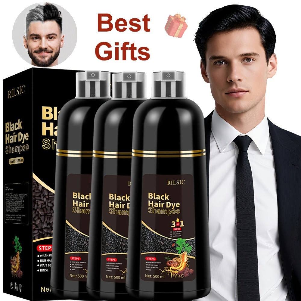 Hair Dye Shampoo, RILSIC Three-Pack of 500ml Bottles in Black, Brown, Dark Brown or Chestnut Brown