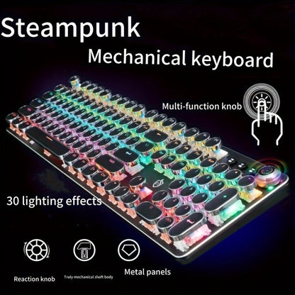 Mechanical Keyboard with Retro Round Keycaps, Green Switches, RGB Backlighting and Multifunction Control Knob