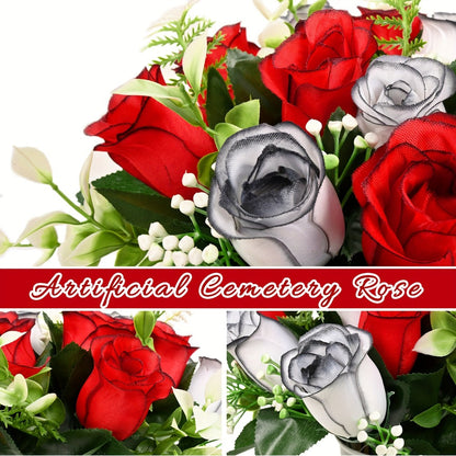 Artificial Cemetery Flowers for Grave with Saddle, Silk Rose Bouquet Headstone Decoration, Memorial Day Grave Flowers