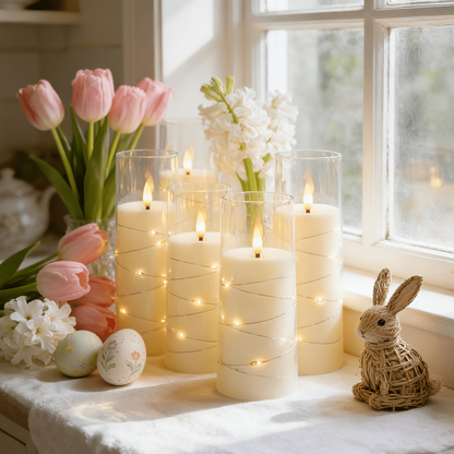 Flameless LED Candles with Remote Control Timer and Star String Lights Set of 5 or 7 Pillar Candles for Wedding Garden Home Decor