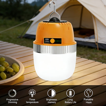 Orange Hanging Camping Lantern with Three Brightness Settings, Type-C Charging Port and Integrated Hook