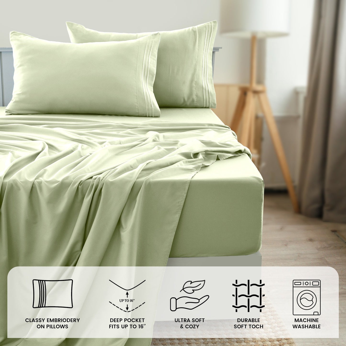 Fitted Sheet Set 6-Piece Brushed Polyester Deep Pocket Bed Sheets 20 Colors Hotel Luxury Bedding with Embroidered Pillowcases