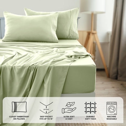 Fitted Sheet Set 6-Piece Brushed Polyester Deep Pocket Bed Sheets 20 Colors Hotel Luxury Bedding with Embroidered Pillowcases