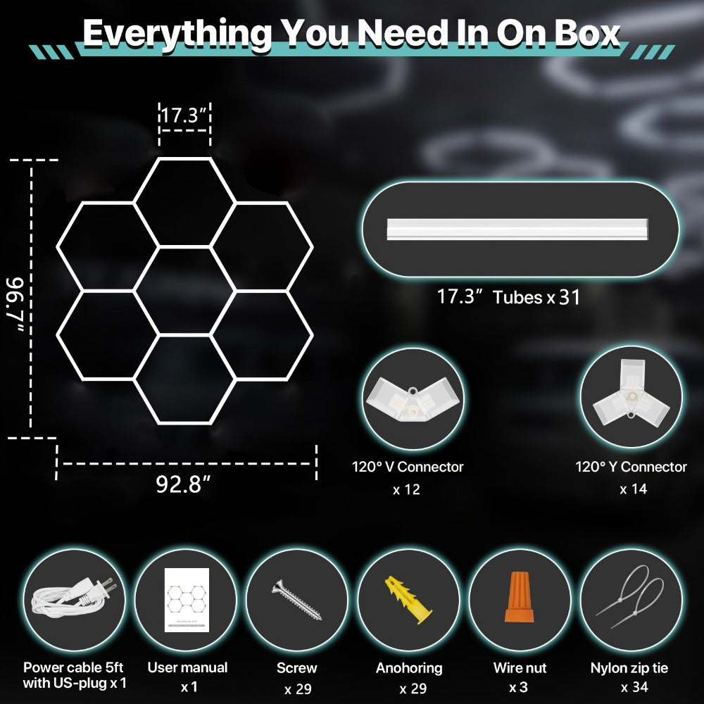 LED Hexagonal Garage Light 6500K, Super Bright Daylight White Shop Light 42W, 620W for Auto Detailing