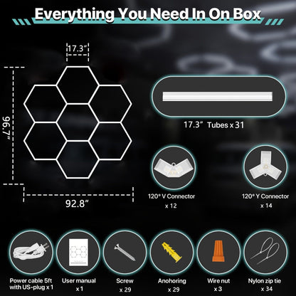 LED Hexagonal Garage Light 6500K, Super Bright Daylight White Shop Light 42W, 620W for Auto Detailing