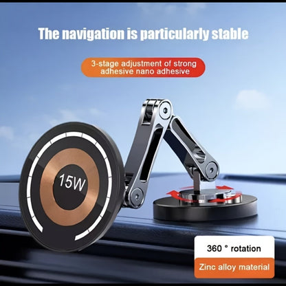 Magnetic Wireless Charging Car Mount with 15W Label, Folding Arm, 360-Degree Rotation and Black Finish