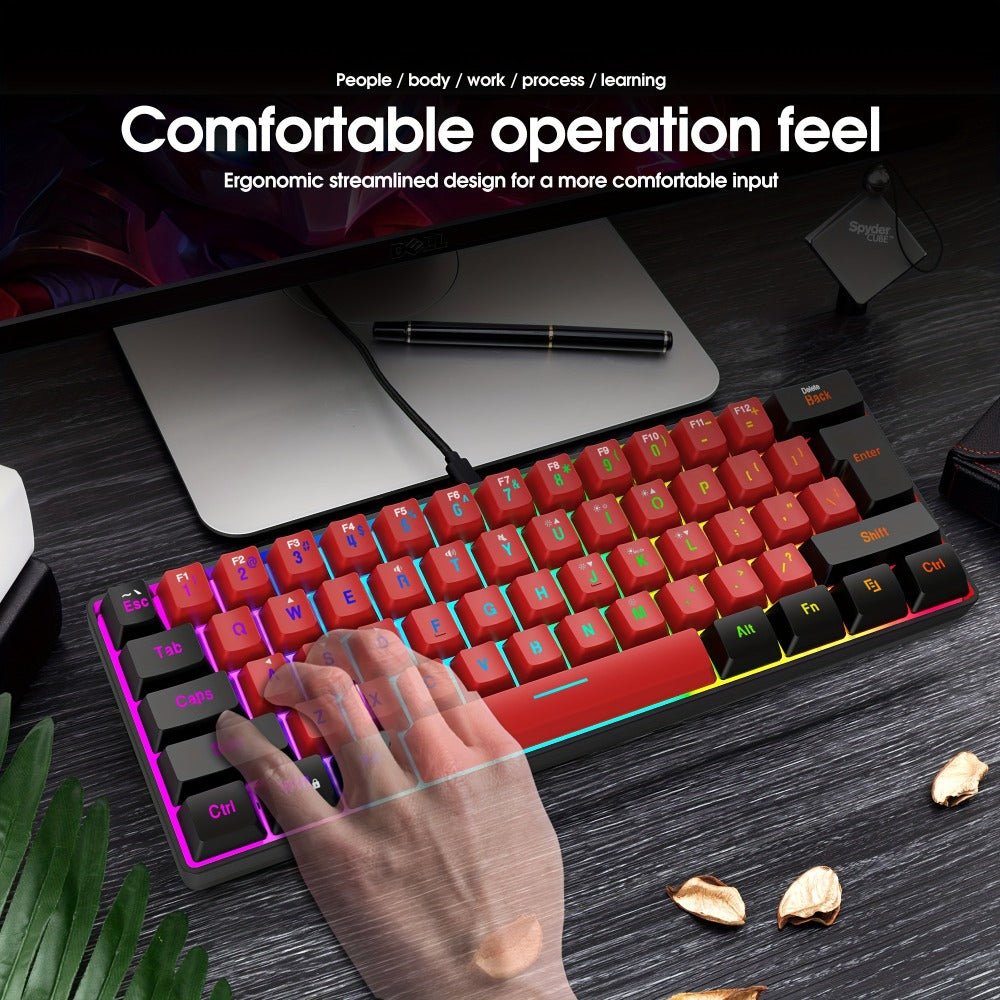 60% Mini Wired Gaming Keyboard SNPURDIRI RGB Backlit Ultra-Compact Film Keys – Space-Saving Tenkeyless Design for PC Gamers