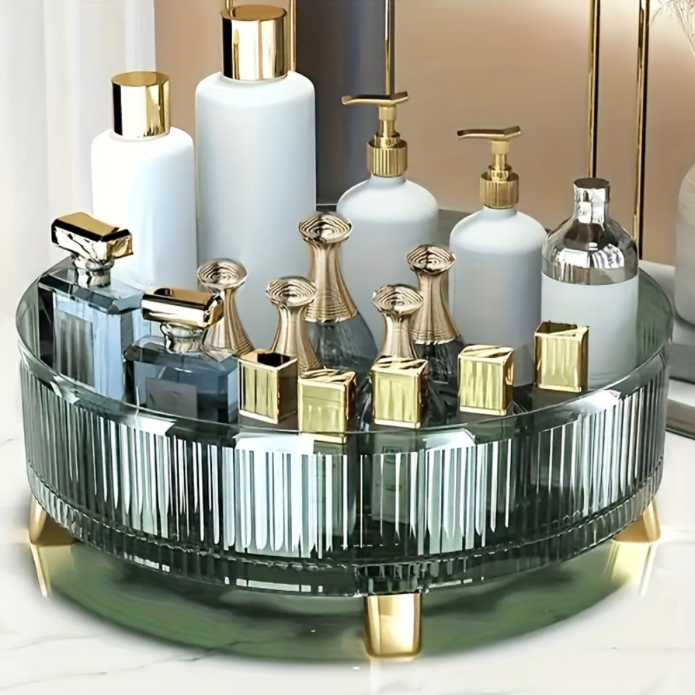 Round Rotating Makeup Organizer Tray with Ribbed Sides and Gold-Tone Feet in White, Green or Orange