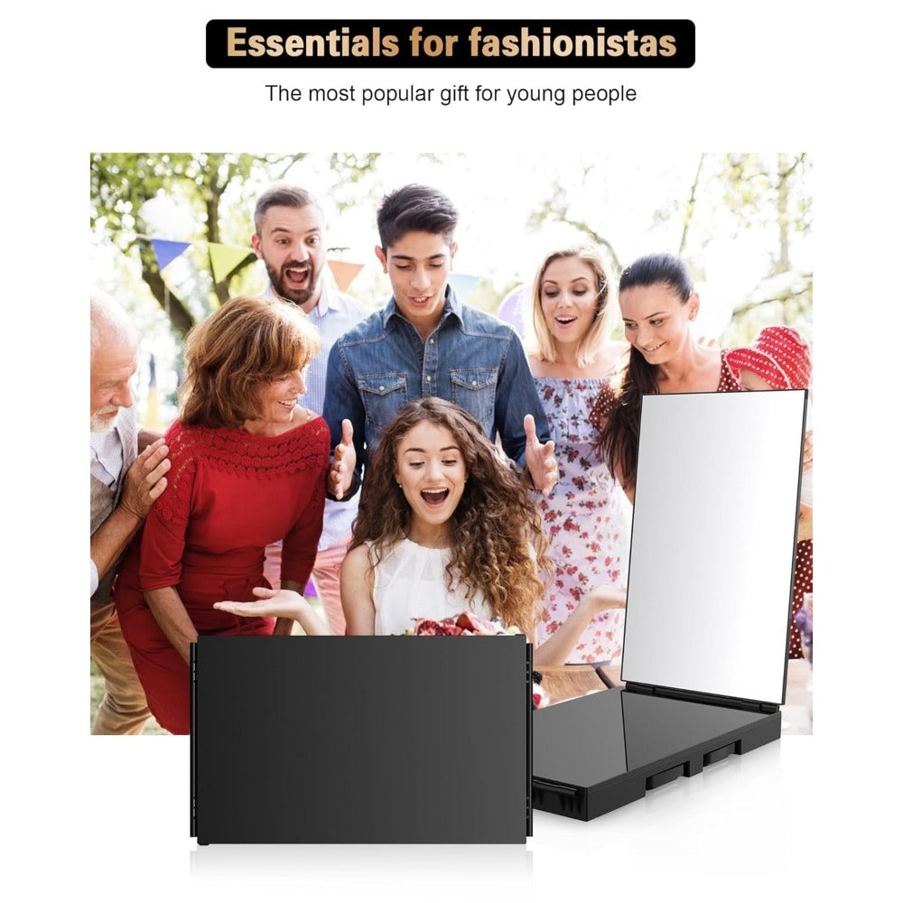 Hair Cutting Mirror 3 Way with LED Light – 360° View Trifold Barber Mirror, Adjustable Height, Door Hang Wall Mount or Tabletop