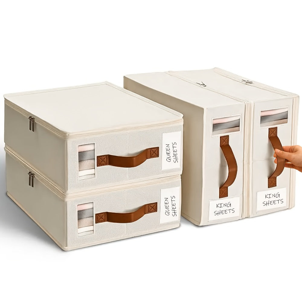 Handled Bed Sheet Storage Cases in Gray or White with Front Windows and Four- or Eight-Piece Sets