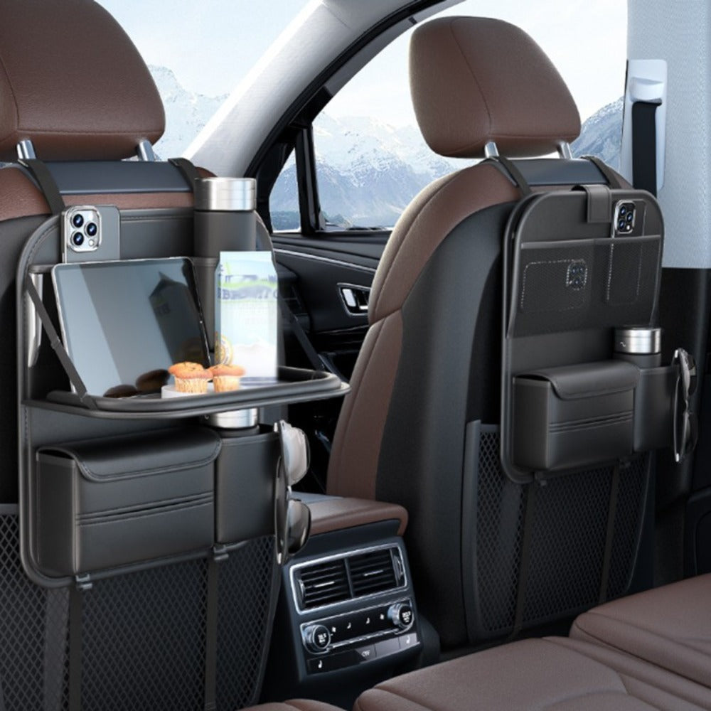 Black PU Leather Car Seat Back Organizer with Laptop Sleeve, Mesh Pockets, Bottle Holders and Foldable Storage