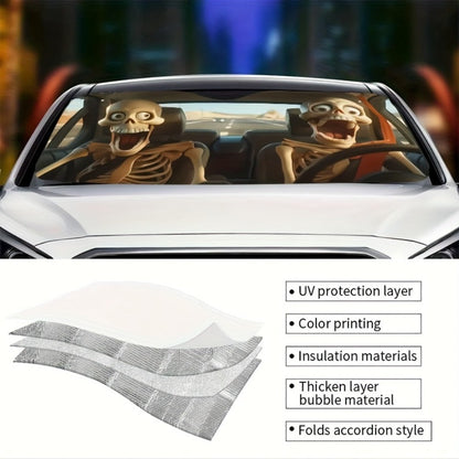 Car Windshield Sunshade Skull Pattern UV Blocking – Front Window Sun Shade with 4 Suction Cups Universal Fit Keeps Car Cool Skeleton Design