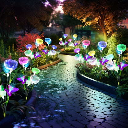 Solar Garden Light Fiber Optic Jellyfish Stakes 4-Pack with 7-Color LEDs and IP65 Rating for Outdoor Garden Decor