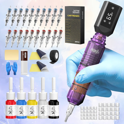 Cordless Tattoo Pen Kit Complete Set VOID 1200mAh Battery USB Type-C 20 Needles 5 Inks 40 Ink Caps Practice Skin Transfer Paper Gloves