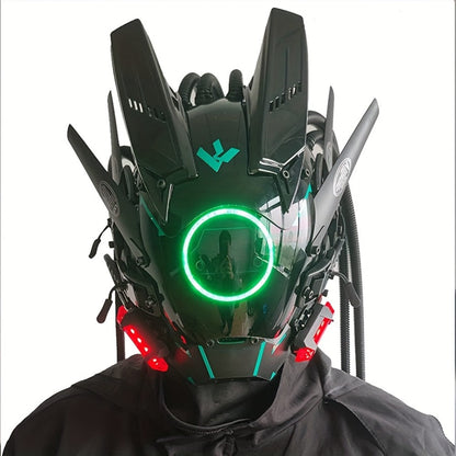 LED Cyberpunk Samurai Mask with Braids, Futuristic Sci-Fi Mechanical Face Mask for Halloween, Cosplay