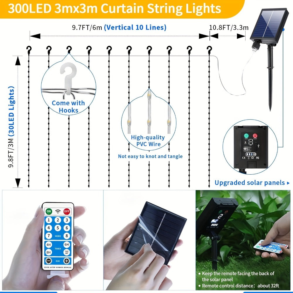 Solar Curtain Lights Outdoor 300 LED Waterfall Fairy String Lights with 8 Modes Remote for Entryways, Bedrooms and Living Spaces