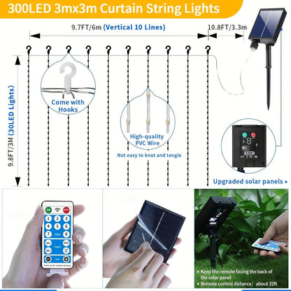 Solar Curtain Lights Outdoor 300 LED Waterfall Fairy String Lights with 8 Modes Remote for Entryways, Bedrooms and Living Spaces