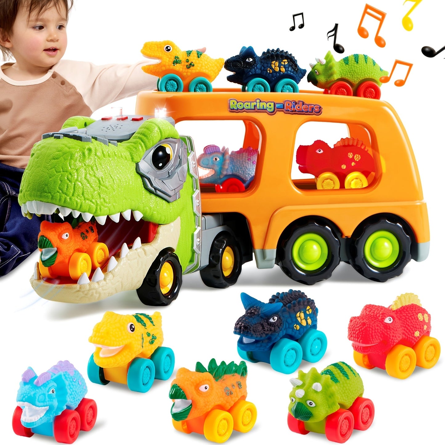 T-Rex Carrier Truck Toy with 6 Mini Rubber Dinosaur Cars LED Lights with the Listed Color, Size or Set Options for Everyday Use