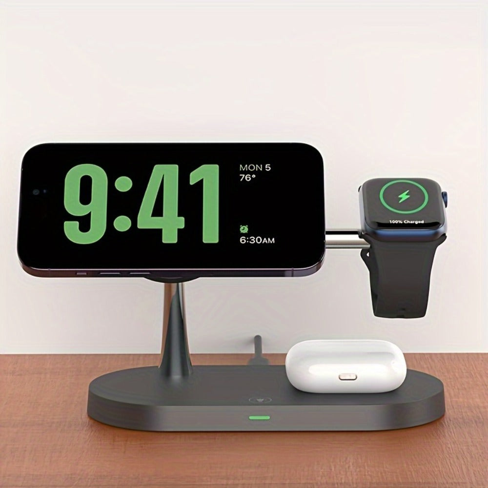 Wireless Charging Station, 3-in-1 Magnetic Stand with QC3.0 Adapter, Clock Display and White or Black Options
