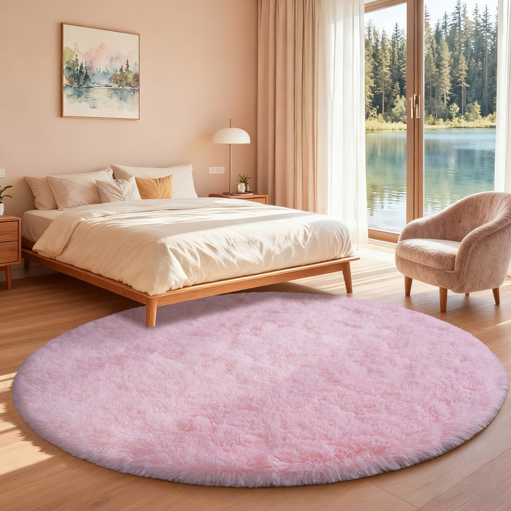 Area Rug 6x6 Round Light Pink Plush Circle with Hand-Washable Care for Bedroom or Living Room
