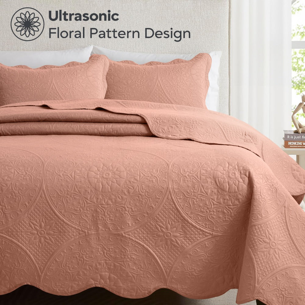 Floral-Pattern Three-Piece Bedspread Set in 16 Colors with Twin, Queen, King and California King Sizes