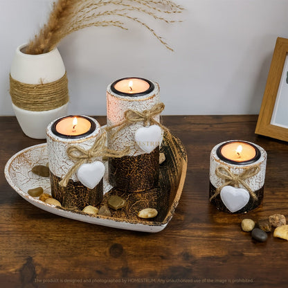 Wooden Candle Holder Set of 4, Love Heart Tray, Tea Light Holder, Knot Bow Decoration & Decorative Stone Bowl for Home Decor