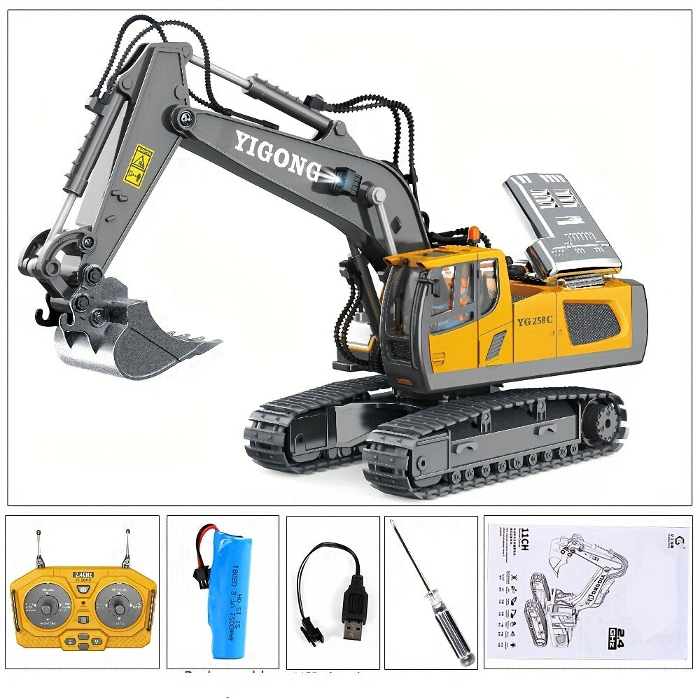 RC Excavator Toy 1:24 Scale 2.4GHz 9-Channel Remote Control with Alloy Metal Cap Lights & Sound Rechargeable Battery
