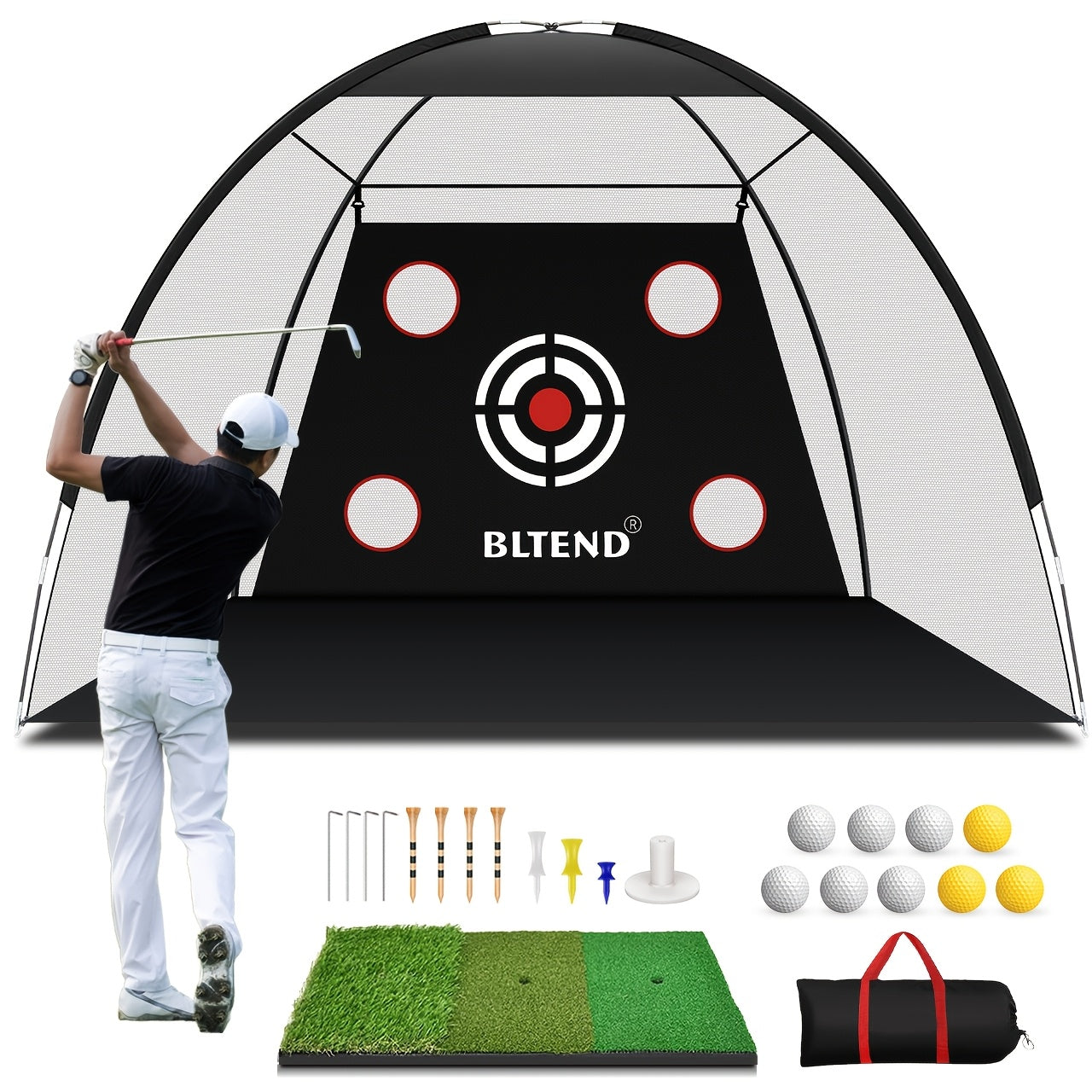 Golf Practice Net with Mat Set 10x7ft – Heavy Duty Backyard Driving Hitting Net with Turf Mat Golf Balls Rubber Tees & Carry Bag for Indoor