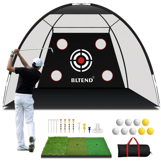 Golf Practice Net with Mat Set 10x7ft – Heavy Duty Backyard Driving Hitting Net with Turf Mat Golf Balls Rubber Tees & Carry Bag for Indoor