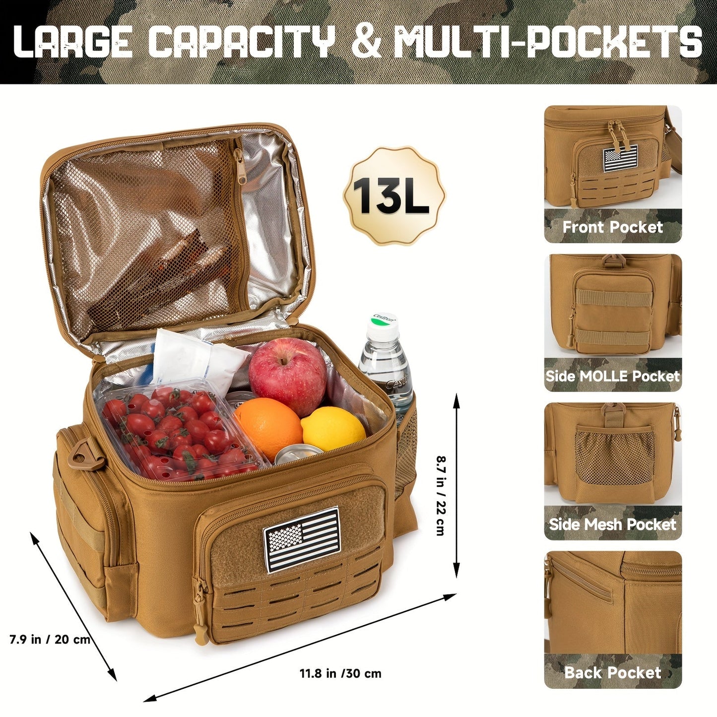 13L Tactical Lunch Bag Tote with MOLLE Front Panel, Multiple Pockets, Shoulder Strap and Three Colors