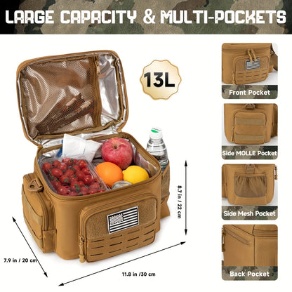 13L Tactical Lunch Bag Tote with MOLLE Front Panel, Multiple Pockets, Shoulder Strap and Three Colors