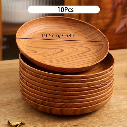 Wood Grain Plastic Dinner Plates Set of 10 – 7.8 Inch Salad Serving Plates for Kitchen Dining Table