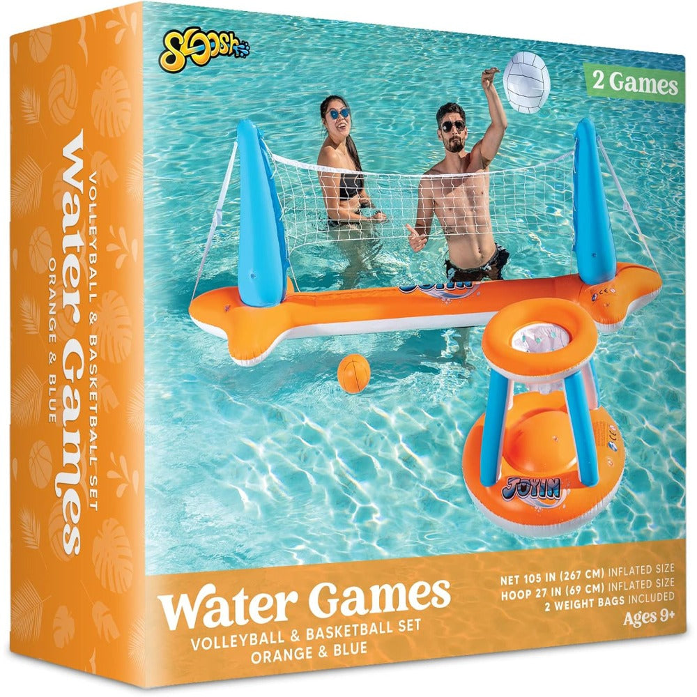 Inflatable Pool Game Set for Kids & Adults, Volleyball Net Court & Basketball Hoops with Balls
